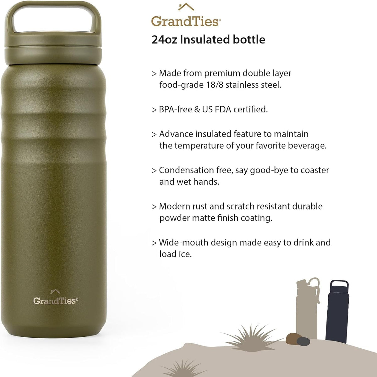 2 Lids Sports Stainless Steel Water Bottles – Wide Mouth Vacuum Insulated Reusable Leak Proof BPA-Free Travel Metal Canteen, Thermal Bottles for Men Women Gym (Ivory White 32 oz)