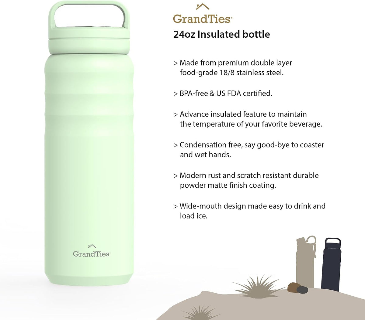 2 Lids Sports Stainless Steel Water Bottles – Wide Mouth Vacuum Insulated Reusable Leak Proof BPA-Free Travel Metal Canteen, Thermal Bottles for Men Women Gym (Ivory White 32 oz)