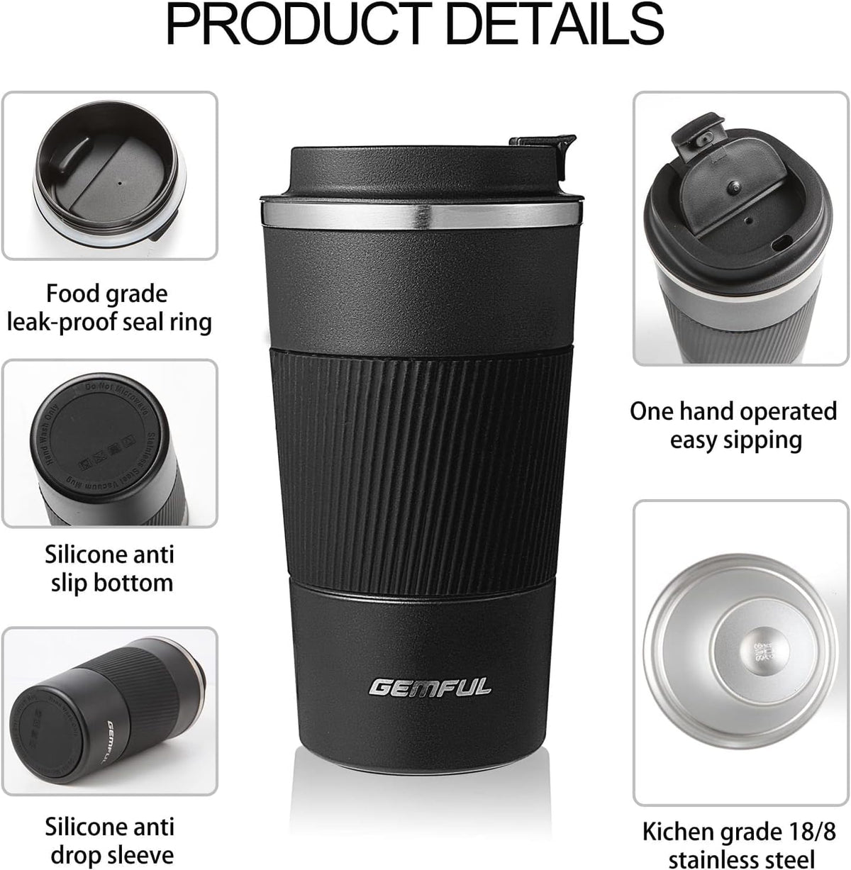 GEMFUL 17oz Coffee Travel Mug Insulated Stainless Steel Tumbler (Black)