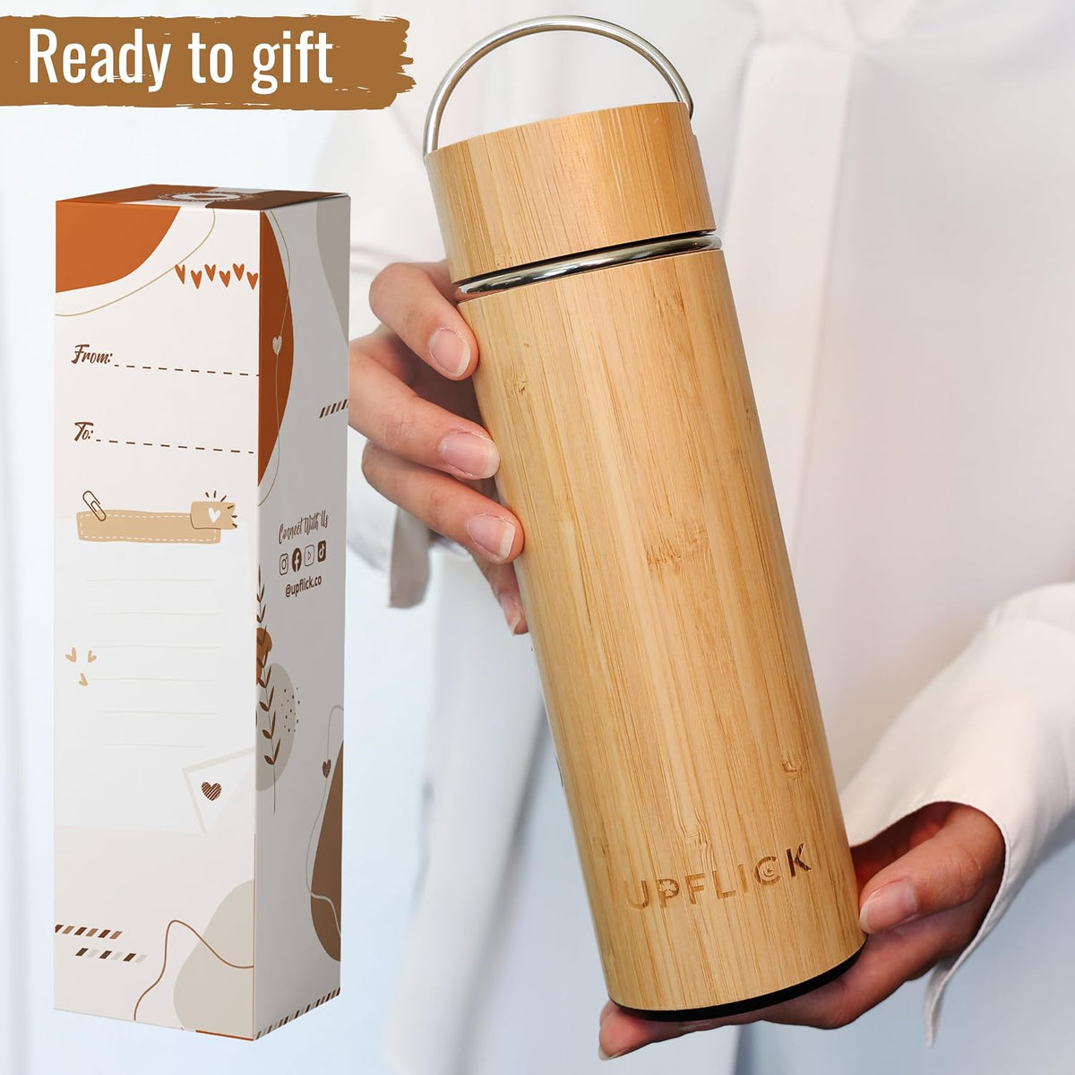 Bamboo Water Bottle Insulated Tea Tumbler for Men Birthday Gift, Women Travel Tea Set with Diffuser for Loose Tea Leaves, Stainless Steel Leak Proof Gift for Mom (15 oz)
