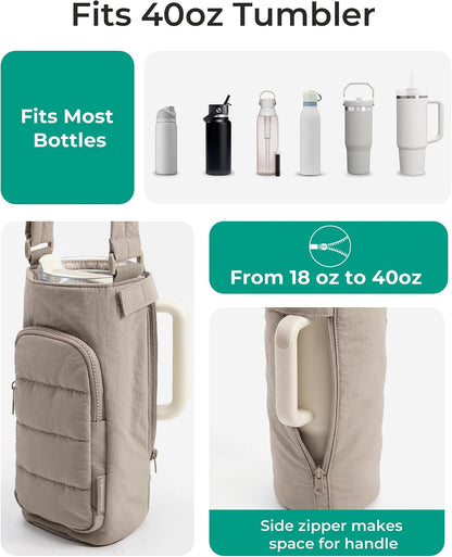 40oz Water Bottle Holder with Strap, Quilted Gym Accessories | Magnetic or Classic Design, Lightweiht Tumbler Drink Carrier, Quilted Crossbody Purse