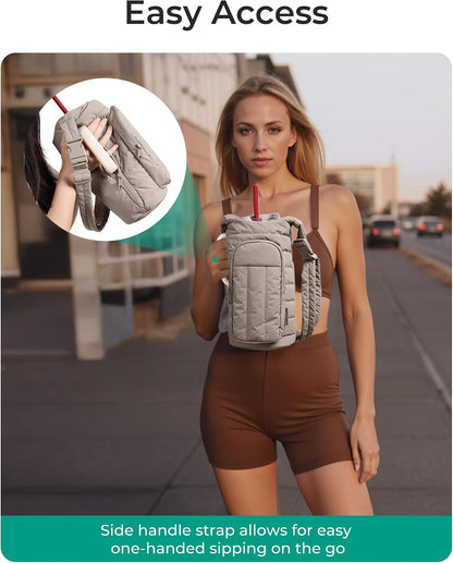 40oz Water Bottle Holder with Strap, Quilted Gym Accessories | Magnetic or Classic Design, Lightweiht Tumbler Drink Carrier, Quilted Crossbody Purse