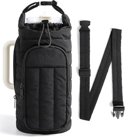 40oz Water Bottle Holder with Strap, Quilted Gym Accessories | Magnetic or Classic Design, Lightweiht Tumbler Drink Carrier, Quilted Crossbody Purse