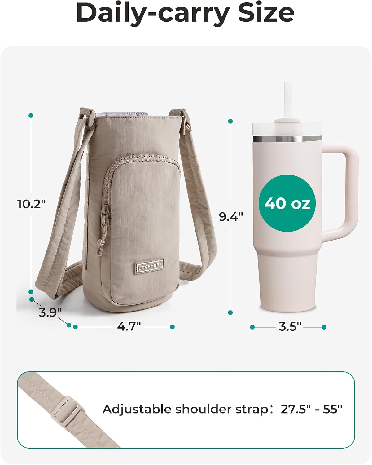 40oz Water Bottle Holder with Strap, Quilted Gym Accessories | Magnetic or Classic Design, Lightweiht Tumbler Drink Carrier, Quilted Crossbody Purse