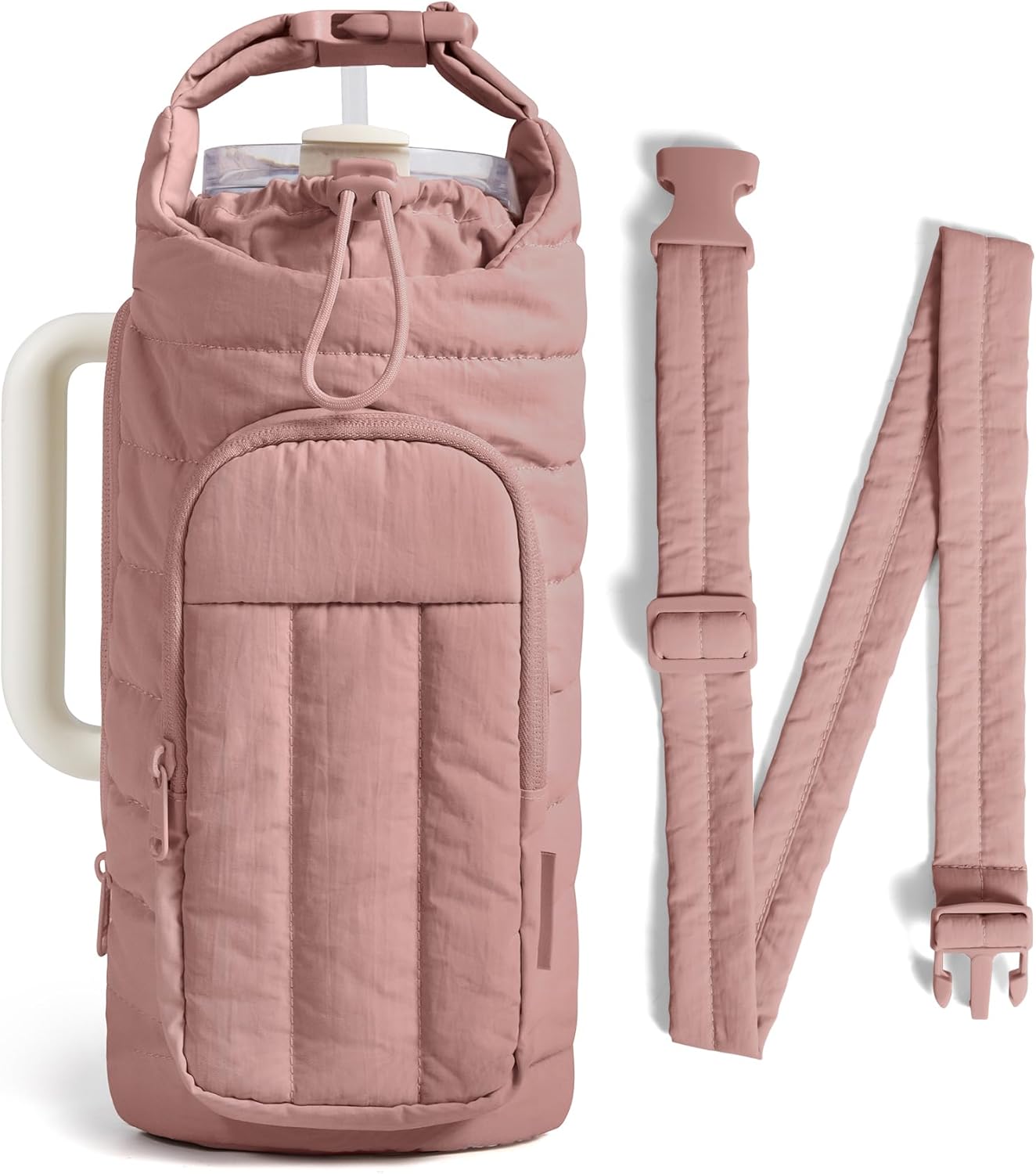 40oz Water Bottle Holder with Strap, Quilted Gym Accessories | Magnetic or Classic Design, Lightweiht Tumbler Drink Carrier, Quilted Crossbody Purse
