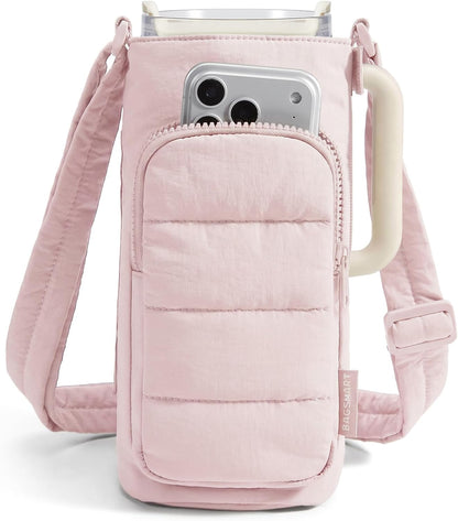 40oz Water Bottle Holder with Strap, Quilted Gym Accessories | Magnetic or Classic Design, Lightweiht Tumbler Drink Carrier, Quilted Crossbody Purse