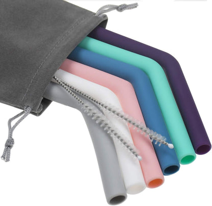 Set of 6 Silicone Drinking Straws for 30oz and 20oz - Reusable Silicone Straws BPA Free Extra Long with Cleaning Brushes- 6 Bent- 8mm diameter