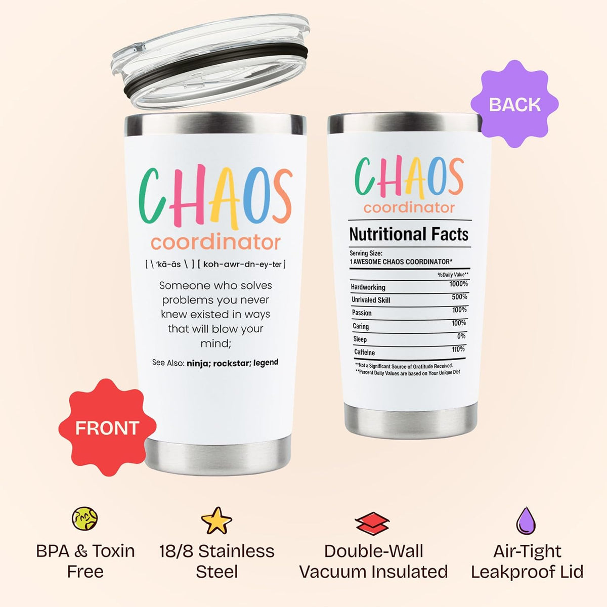 Chaos Coordinator Tumbler Mug Gifts 20 Ounce Administrative Professional Day Gifts Teacher Appreciation Gifs for Women, Gift for Co Workers Best Boss for Women