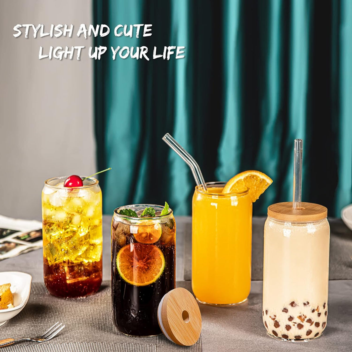 16 Oz Drinking Glasses - 8 Pcs Glass Cups with Bamboo Lids and Straws