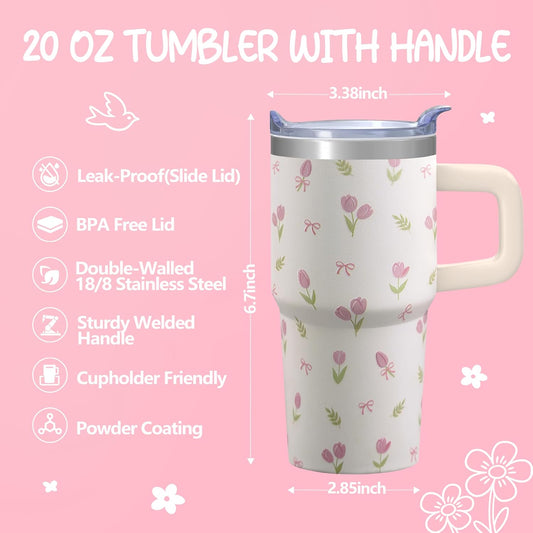20oz Elegant Tulip Floral Insulated Tumbler with Handle, Premium Stainless Steel Water Bottle with Rotating Lid Straw, Romantic Garden Gift for Women Girls Birthday Christmas Back to School