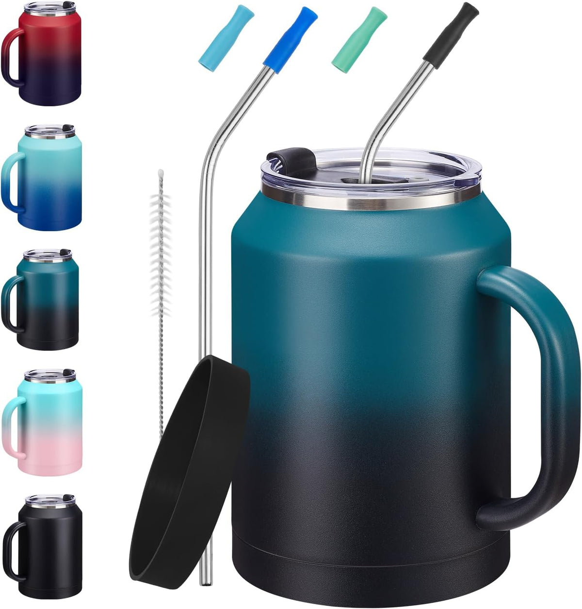 32/50oz Mug Tumbler with Handle and Straw - 32 oz Stainless Steel Wide Mouth Travel Coffee Cups w/ Lid, Reusable Home Office Work Mugs, Double Wall Vacuum Insulated Bottle Keep Cold 36 Hrs Hot 24 Hrs
