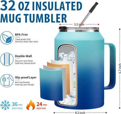 32/50oz Mug Tumbler with Handle and Straw - 32 oz Stainless Steel Wide Mouth Travel Coffee Cups w/ Lid, Reusable Home Office Work Mugs, Double Wall Vacuum Insulated Bottle Keep Cold 36 Hrs Hot 24 Hrs