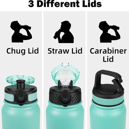 Insulated Water Bottle 20oz for Adults Kids Stainless Steel Water Bottles with Straw/Chug/Carabiner 3 Lids Fruit Strainer Double Wall Vacuum Wide Mouth BPA Free Leak-Proof for School Travel