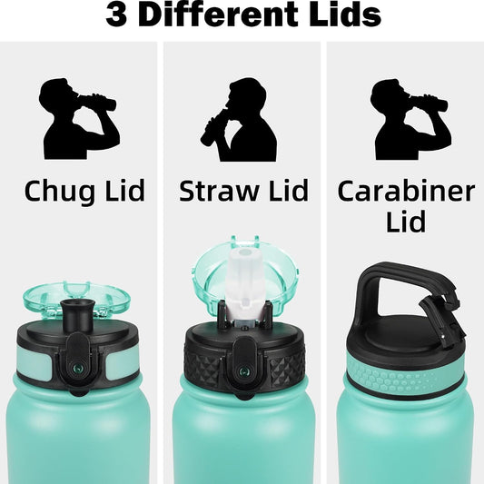 Insulated Water Bottle 20oz for Adults Kids Stainless Steel Water Bottles with Straw/Chug/Carabiner 3 Lids Fruit Strainer Double Wall Vacuum Wide Mouth BPA Free Leak-Proof for School Travel