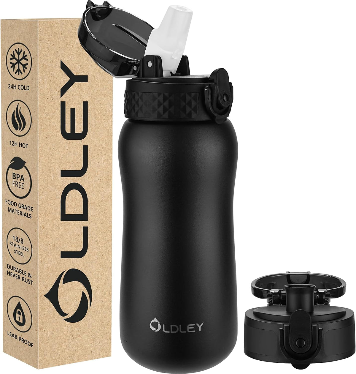 Insulated Water Bottle 20oz for Adults Kids Stainless Steel Water Bottles with Straw/Chug/Carabiner 3 Lids Fruit Strainer Double Wall Vacuum Wide Mouth BPA Free Leak-Proof for School Travel