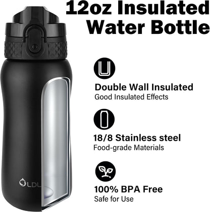 Insulated Water Bottle 20oz for Adults Kids Stainless Steel Water Bottles with Straw/Chug/Carabiner 3 Lids Fruit Strainer Double Wall Vacuum Wide Mouth BPA Free Leak-Proof for School Travel
