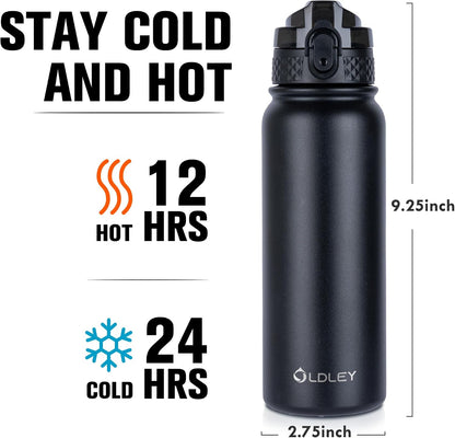 Insulated Water Bottle 20oz for Adults Kids Stainless Steel Water Bottles with Straw/Chug/Carabiner 3 Lids Fruit Strainer Double Wall Vacuum Wide Mouth BPA Free Leak-Proof for School Travel