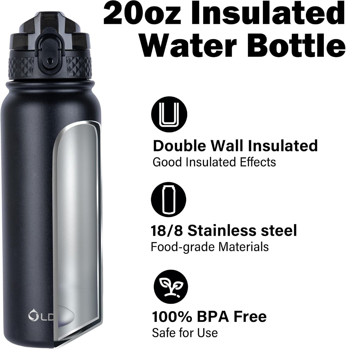 Insulated Water Bottle 20oz for Adults Kids Stainless Steel Water Bottles with Straw/Chug/Carabiner 3 Lids Fruit Strainer Double Wall Vacuum Wide Mouth BPA Free Leak-Proof for School Travel