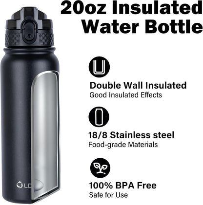 Insulated Water Bottle 20oz for Adults Kids Stainless Steel Water Bottles with Straw/Chug/Carabiner 3 Lids Fruit Strainer Double Wall Vacuum Wide Mouth BPA Free Leak-Proof for School Travel