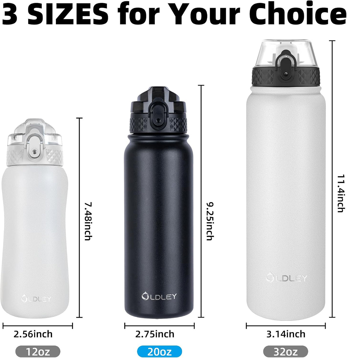 Insulated Water Bottle 20oz for Adults Kids Stainless Steel Water Bottles with Straw/Chug/Carabiner 3 Lids Fruit Strainer Double Wall Vacuum Wide Mouth BPA Free Leak-Proof for School Travel
