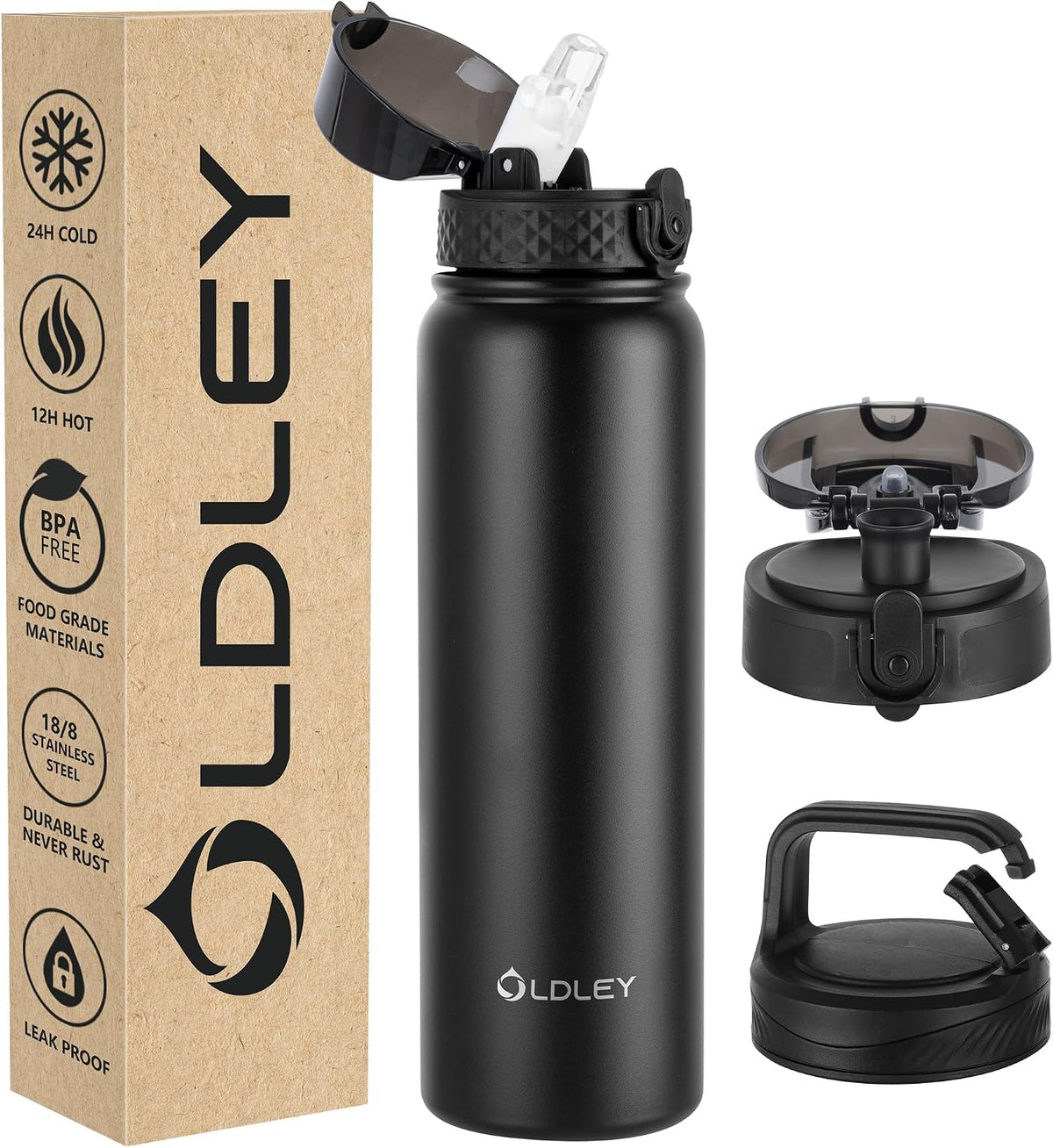 Insulated Water Bottle 20oz for Adults Kids Stainless Steel Water Bottles with Straw/Chug/Carabiner 3 Lids Fruit Strainer Double Wall Vacuum Wide Mouth BPA Free Leak-Proof for School Travel