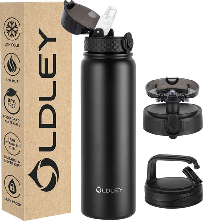 Insulated Water Bottle 20oz for Adults Kids Stainless Steel Water Bottles with Straw/Chug/Carabiner 3 Lids Fruit Strainer Double Wall Vacuum Wide Mouth BPA Free Leak-Proof for School Travel