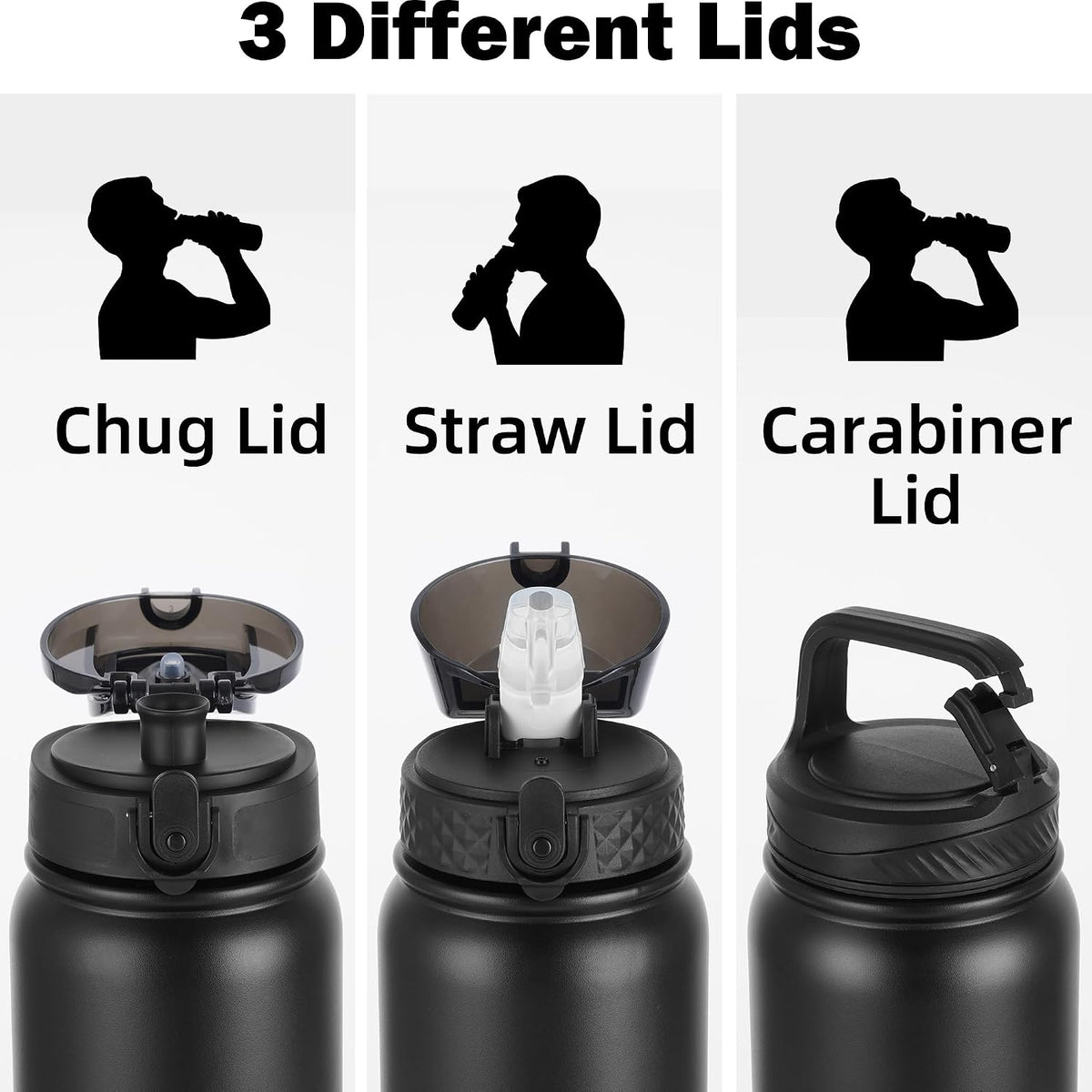 Insulated Water Bottle 20oz for Adults Kids Stainless Steel Water Bottles with Straw/Chug/Carabiner 3 Lids Fruit Strainer Double Wall Vacuum Wide Mouth BPA Free Leak-Proof for School Travel
