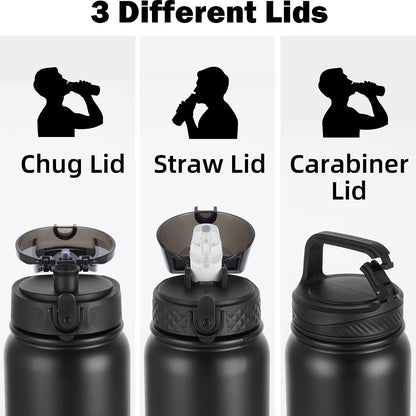 Insulated Water Bottle 20oz for Adults Kids Stainless Steel Water Bottles with Straw/Chug/Carabiner 3 Lids Fruit Strainer Double Wall Vacuum Wide Mouth BPA Free Leak-Proof for School Travel