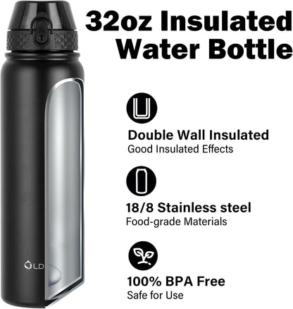 Insulated Water Bottle 20oz for Adults Kids Stainless Steel Water Bottles with Straw/Chug/Carabiner 3 Lids Fruit Strainer Double Wall Vacuum Wide Mouth BPA Free Leak-Proof for School Travel