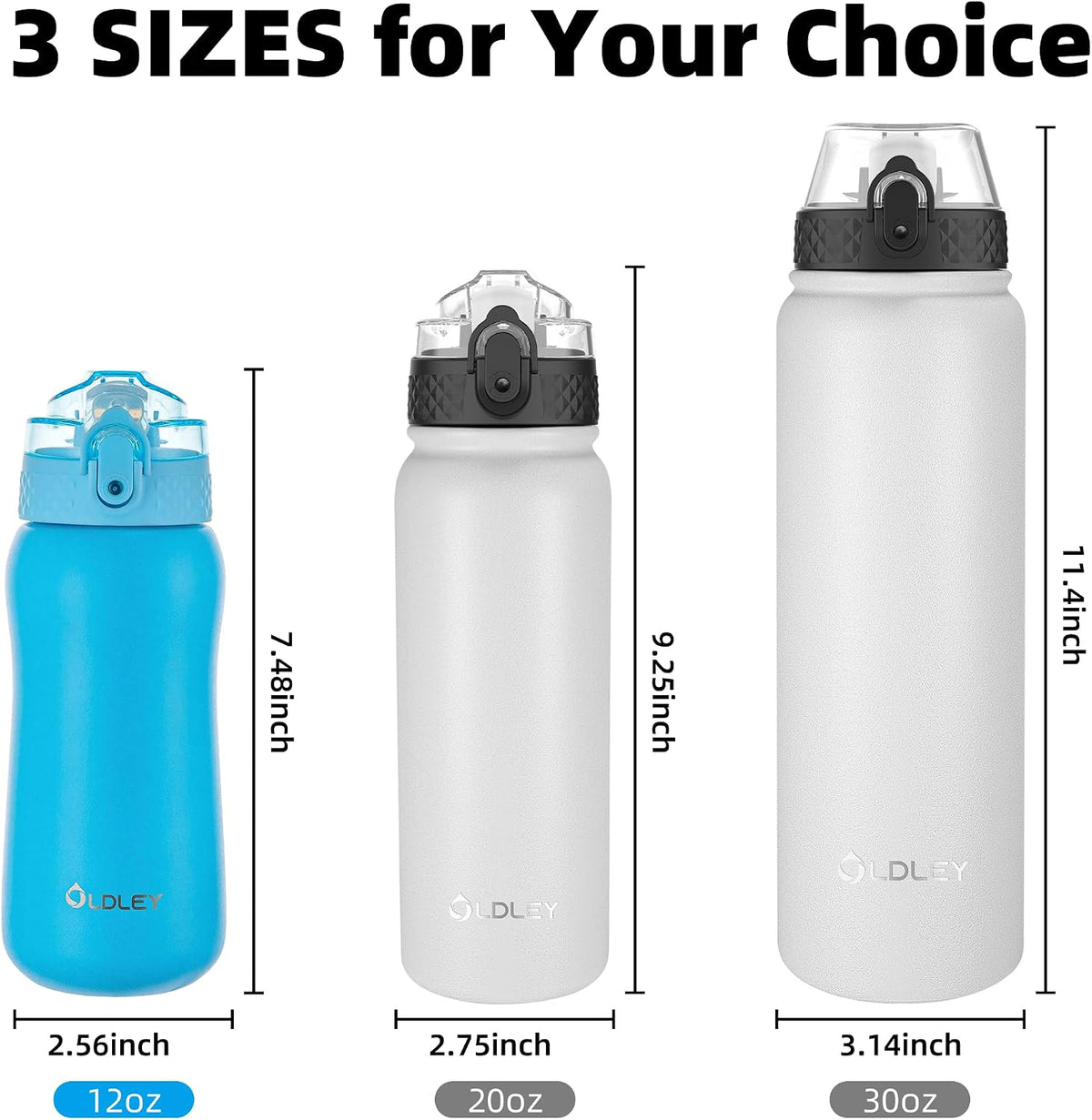 Insulated Water Bottle 20oz for Adults Kids Stainless Steel Water Bottles with Straw/Chug/Carabiner 3 Lids Fruit Strainer Double Wall Vacuum Wide Mouth BPA Free Leak-Proof for School Travel