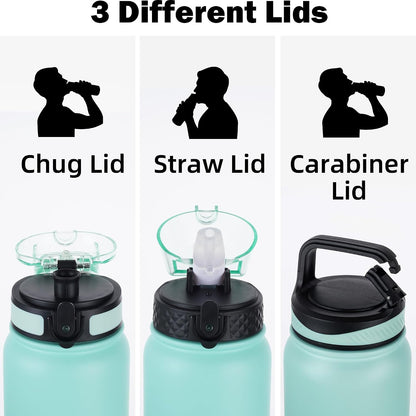 Insulated Water Bottle 20oz for Adults Kids Stainless Steel Water Bottles with Straw/Chug/Carabiner 3 Lids Fruit Strainer Double Wall Vacuum Wide Mouth BPA Free Leak-Proof for School Travel