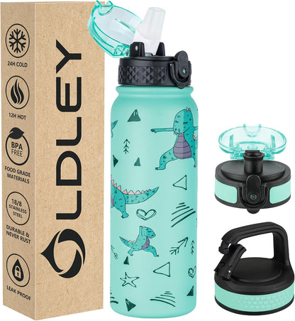 Insulated Water Bottle 20oz for Adults Kids Stainless Steel Water Bottles with Straw/Chug/Carabiner 3 Lids Fruit Strainer Double Wall Vacuum Wide Mouth BPA Free Leak-Proof for School Travel