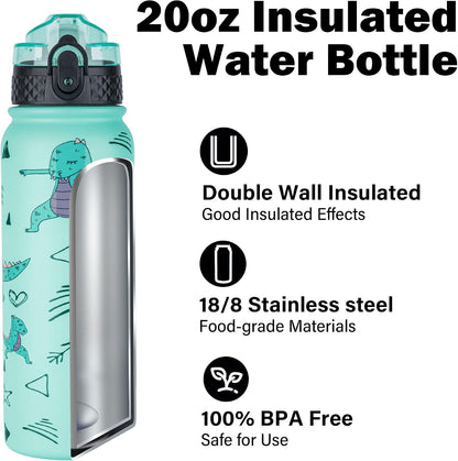 Insulated Water Bottle 20oz for Adults Kids Stainless Steel Water Bottles with Straw/Chug/Carabiner 3 Lids Fruit Strainer Double Wall Vacuum Wide Mouth BPA Free Leak-Proof for School Travel