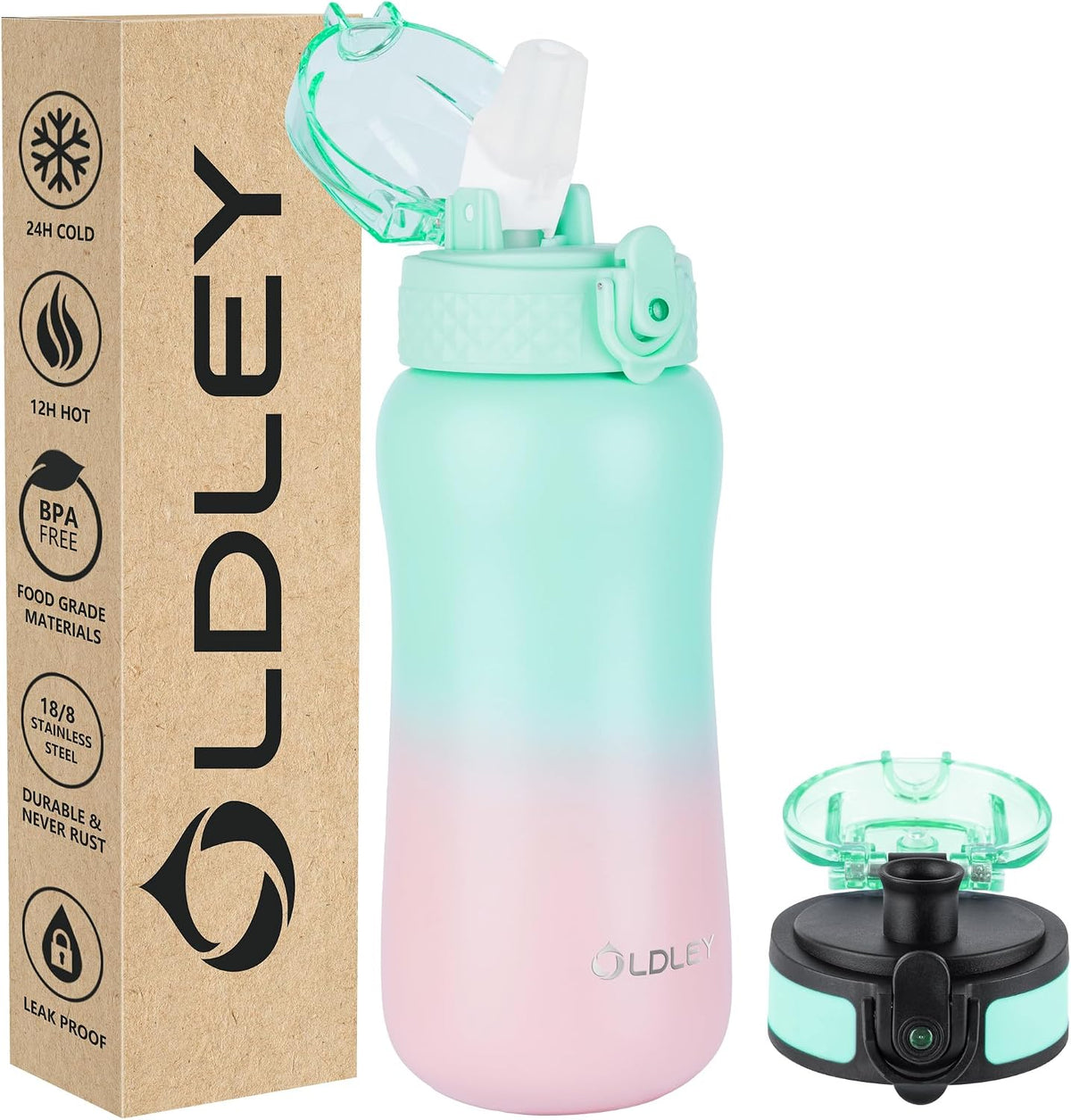 Insulated Water Bottle 20oz for Adults Kids Stainless Steel Water Bottles with Straw/Chug/Carabiner 3 Lids Fruit Strainer Double Wall Vacuum Wide Mouth BPA Free Leak-Proof for School Travel
