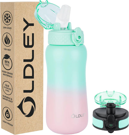 Insulated Water Bottle 20oz for Adults Kids Stainless Steel Water Bottles with Straw/Chug/Carabiner 3 Lids Fruit Strainer Double Wall Vacuum Wide Mouth BPA Free Leak-Proof for School Travel