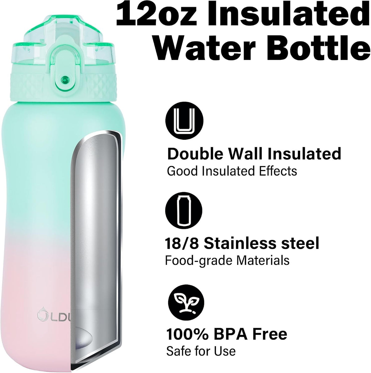 Insulated Water Bottle 20oz for Adults Kids Stainless Steel Water Bottles with Straw/Chug/Carabiner 3 Lids Fruit Strainer Double Wall Vacuum Wide Mouth BPA Free Leak-Proof for School Travel