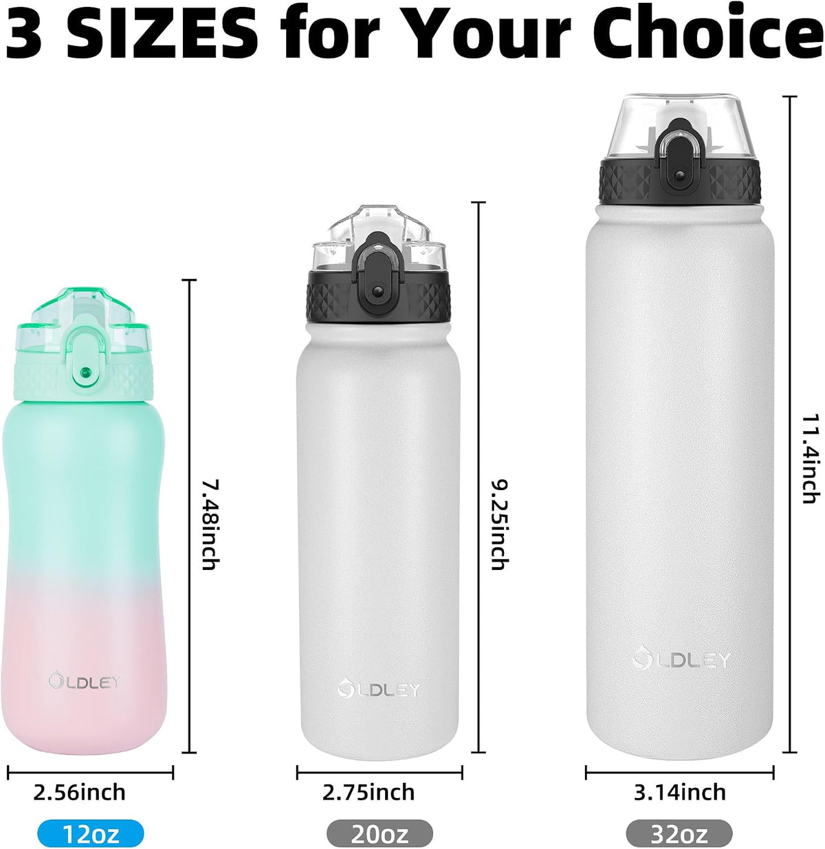 Insulated Water Bottle 20oz for Adults Kids Stainless Steel Water Bottles with Straw/Chug/Carabiner 3 Lids Fruit Strainer Double Wall Vacuum Wide Mouth BPA Free Leak-Proof for School Travel
