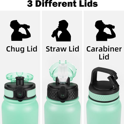 Insulated Water Bottle 20oz for Adults Kids Stainless Steel Water Bottles with Straw/Chug/Carabiner 3 Lids Fruit Strainer Double Wall Vacuum Wide Mouth BPA Free Leak-Proof for School Travel