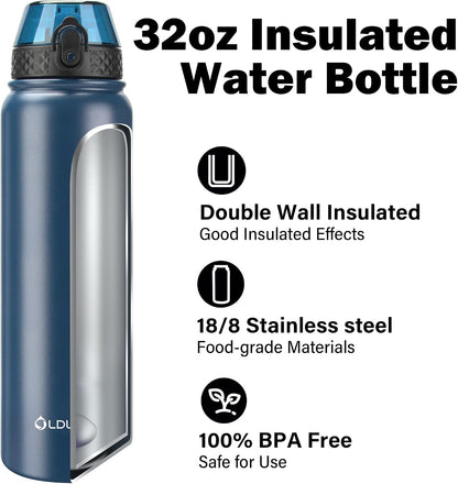 Insulated Water Bottle 20oz for Adults Kids Stainless Steel Water Bottles with Straw/Chug/Carabiner 3 Lids Fruit Strainer Double Wall Vacuum Wide Mouth BPA Free Leak-Proof for School Travel
