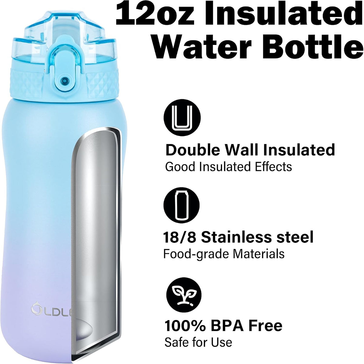 Insulated Water Bottle 20oz for Adults Kids Stainless Steel Water Bottles with Straw/Chug/Carabiner 3 Lids Fruit Strainer Double Wall Vacuum Wide Mouth BPA Free Leak-Proof for School Travel