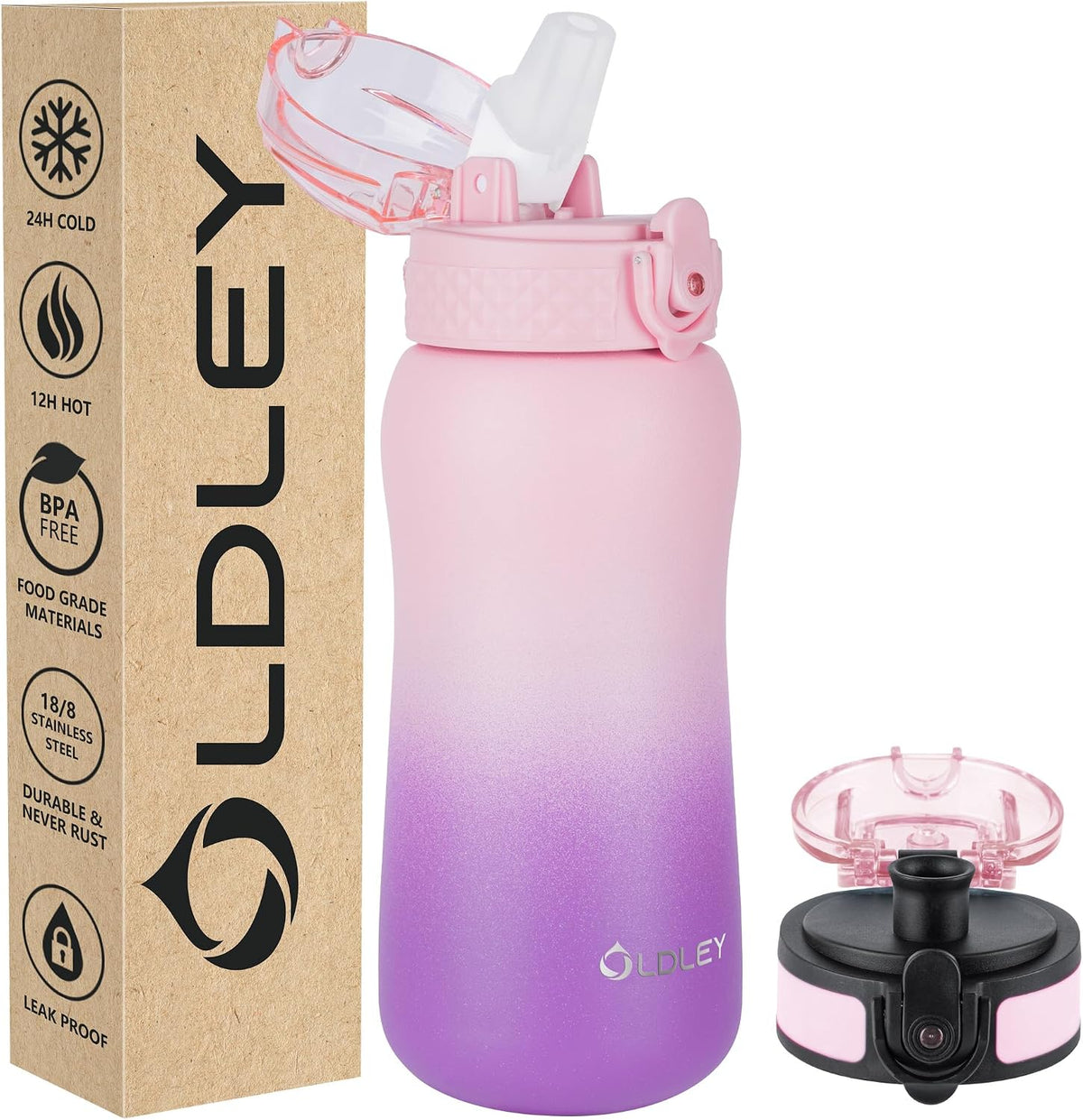 Insulated Water Bottle 20oz for Adults Kids Stainless Steel Water Bottles with Straw/Chug/Carabiner 3 Lids Fruit Strainer Double Wall Vacuum Wide Mouth BPA Free Leak-Proof for School Travel