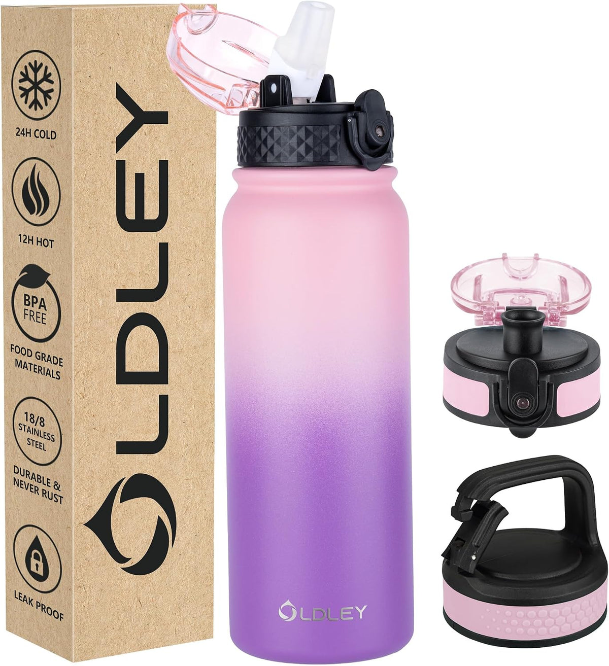 Insulated Water Bottle 20oz for Adults Kids Stainless Steel Water Bottles with Straw/Chug/Carabiner 3 Lids Fruit Strainer Double Wall Vacuum Wide Mouth BPA Free Leak-Proof for School Travel