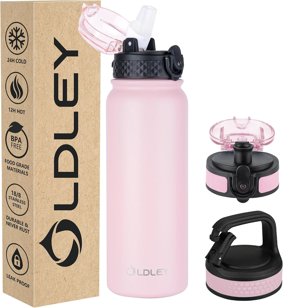Insulated Water Bottle 20oz for Adults Kids Stainless Steel Water Bottles with Straw/Chug/Carabiner 3 Lids Fruit Strainer Double Wall Vacuum Wide Mouth BPA Free Leak-Proof for School Travel