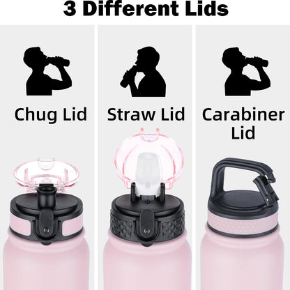 Insulated Water Bottle 20oz for Adults Kids Stainless Steel Water Bottles with Straw/Chug/Carabiner 3 Lids Fruit Strainer Double Wall Vacuum Wide Mouth BPA Free Leak-Proof for School Travel