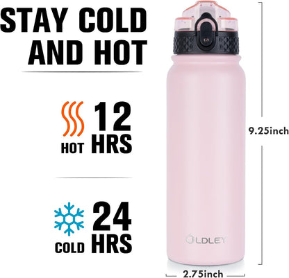 Insulated Water Bottle 20oz for Adults Kids Stainless Steel Water Bottles with Straw/Chug/Carabiner 3 Lids Fruit Strainer Double Wall Vacuum Wide Mouth BPA Free Leak-Proof for School Travel