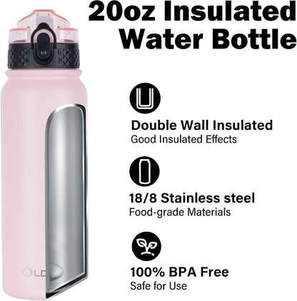 Insulated Water Bottle 20oz for Adults Kids Stainless Steel Water Bottles with Straw/Chug/Carabiner 3 Lids Fruit Strainer Double Wall Vacuum Wide Mouth BPA Free Leak-Proof for School Travel