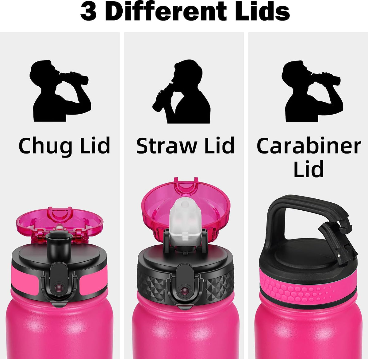 Insulated Water Bottle 20oz for Adults Kids Stainless Steel Water Bottles with Straw/Chug/Carabiner 3 Lids Fruit Strainer Double Wall Vacuum Wide Mouth BPA Free Leak-Proof for School Travel