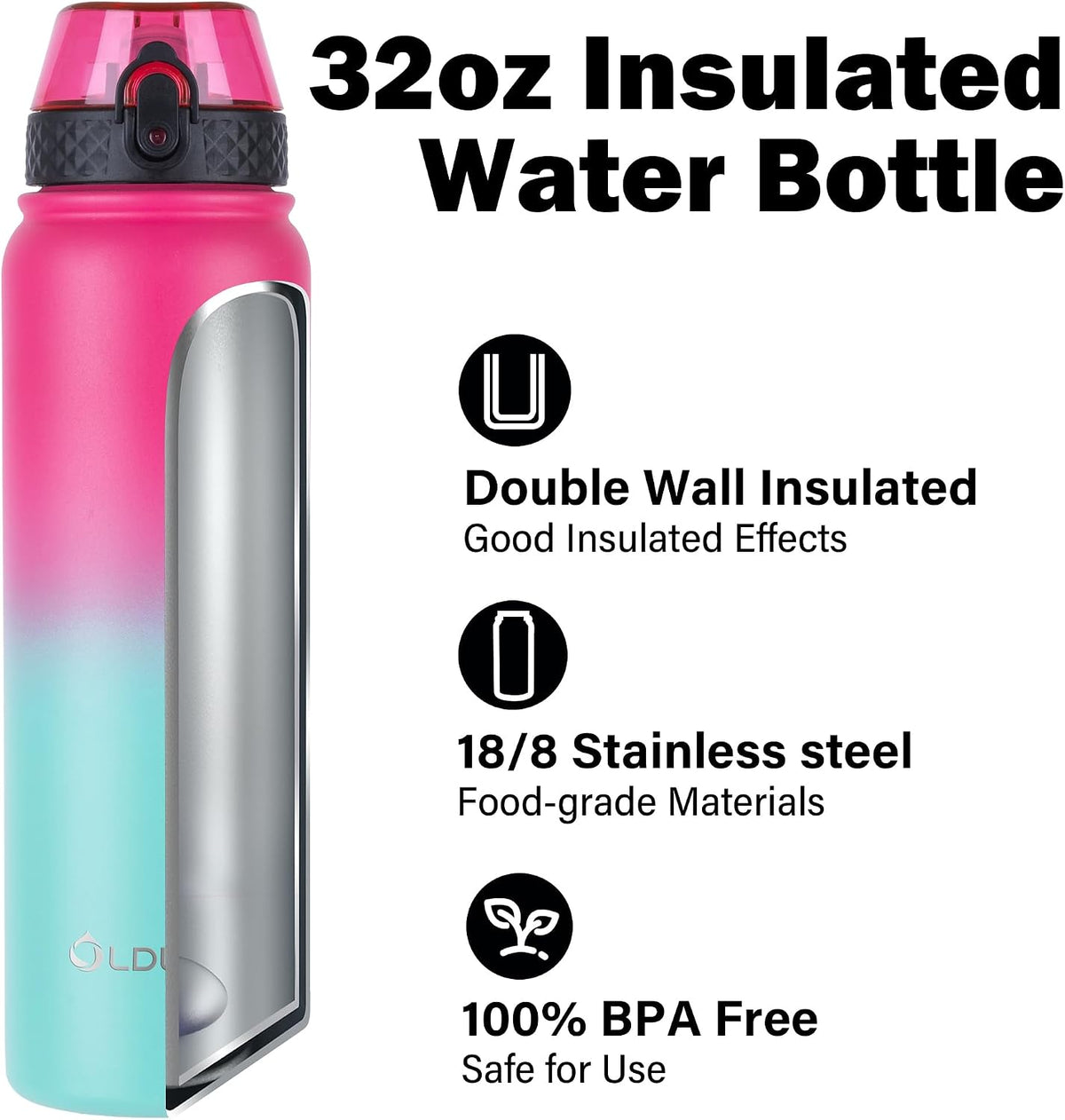 Insulated Water Bottle 20oz for Adults Kids Stainless Steel Water Bottles with Straw/Chug/Carabiner 3 Lids Fruit Strainer Double Wall Vacuum Wide Mouth BPA Free Leak-Proof for School Travel
