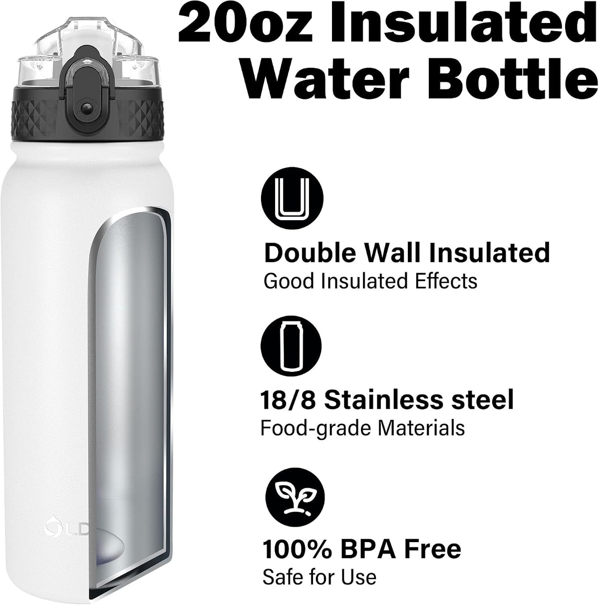 Insulated Water Bottle 20oz for Adults Kids Stainless Steel Water Bottles with Straw/Chug/Carabiner 3 Lids Fruit Strainer Double Wall Vacuum Wide Mouth BPA Free Leak-Proof for School Travel