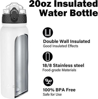 Insulated Water Bottle 20oz for Adults Kids Stainless Steel Water Bottles with Straw/Chug/Carabiner 3 Lids Fruit Strainer Double Wall Vacuum Wide Mouth BPA Free Leak-Proof for School Travel